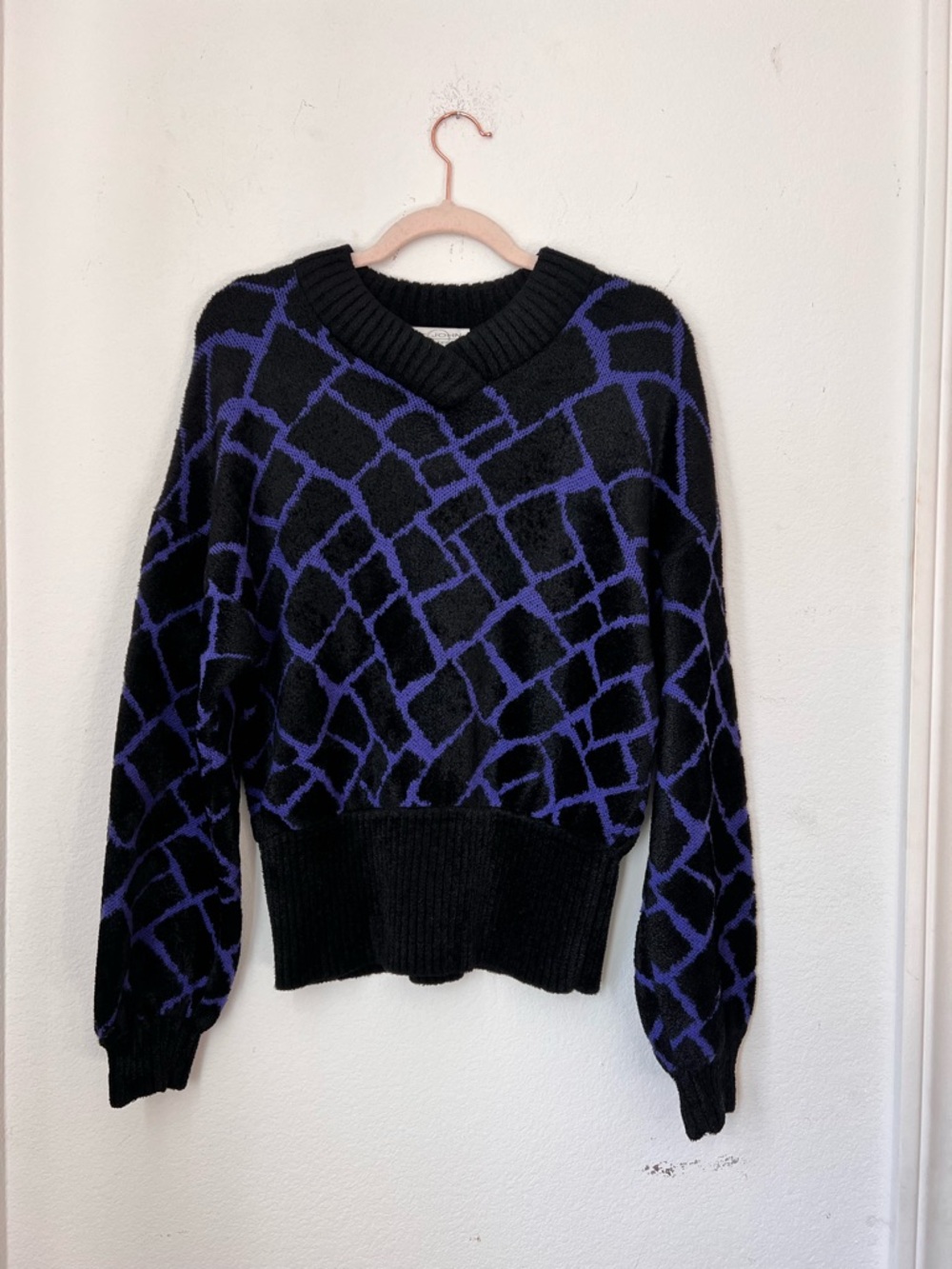 Vintage St. John Black & Purple Chenille Pullover‎ Sweater Small USA Made Top